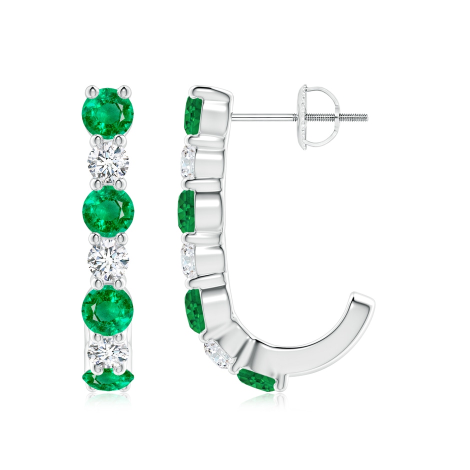 3.5mm AAA Emerald and Diamond J-Hoop Earrings in White Gold 