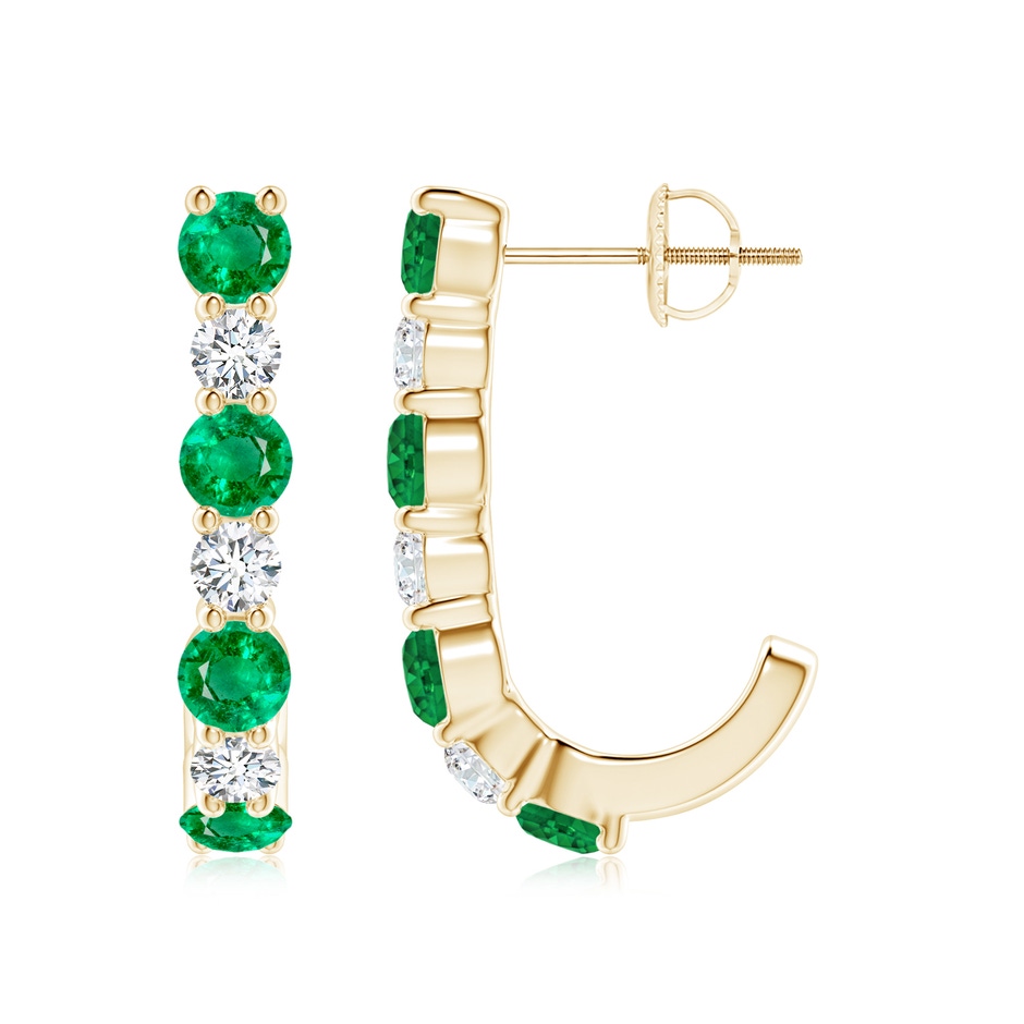 3.5mm AAA Emerald and Diamond J-Hoop Earrings in Yellow Gold 