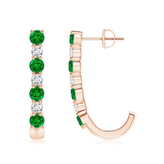 3.5mm AAAA Emerald and Diamond J-Hoop Earrings in Rose Gold