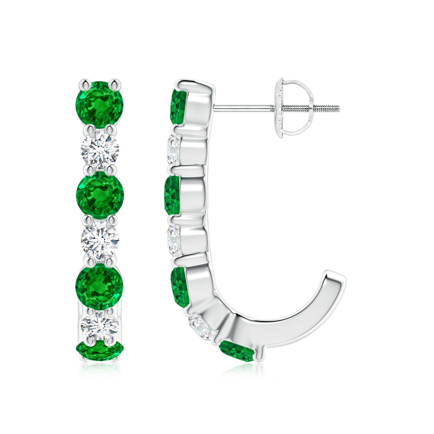 3.5mm AAAA Emerald and Diamond J-Hoop Earrings in White Gold