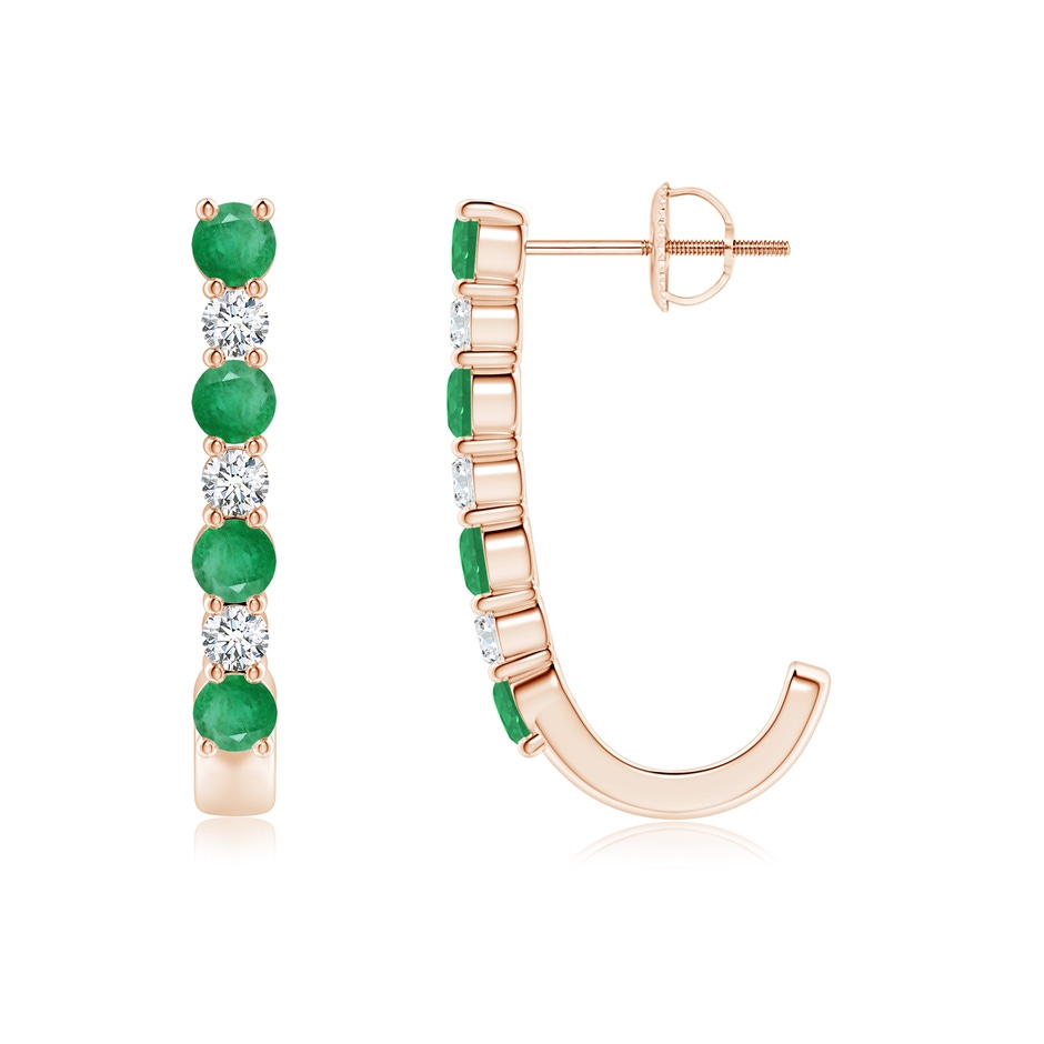 3mm A Emerald and Diamond J-Hoop Earrings in Rose Gold 
