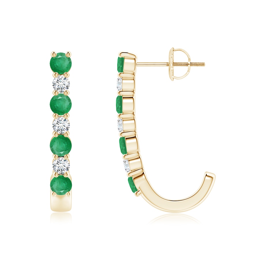 3mm A Emerald and Diamond J-Hoop Earrings in Yellow Gold 