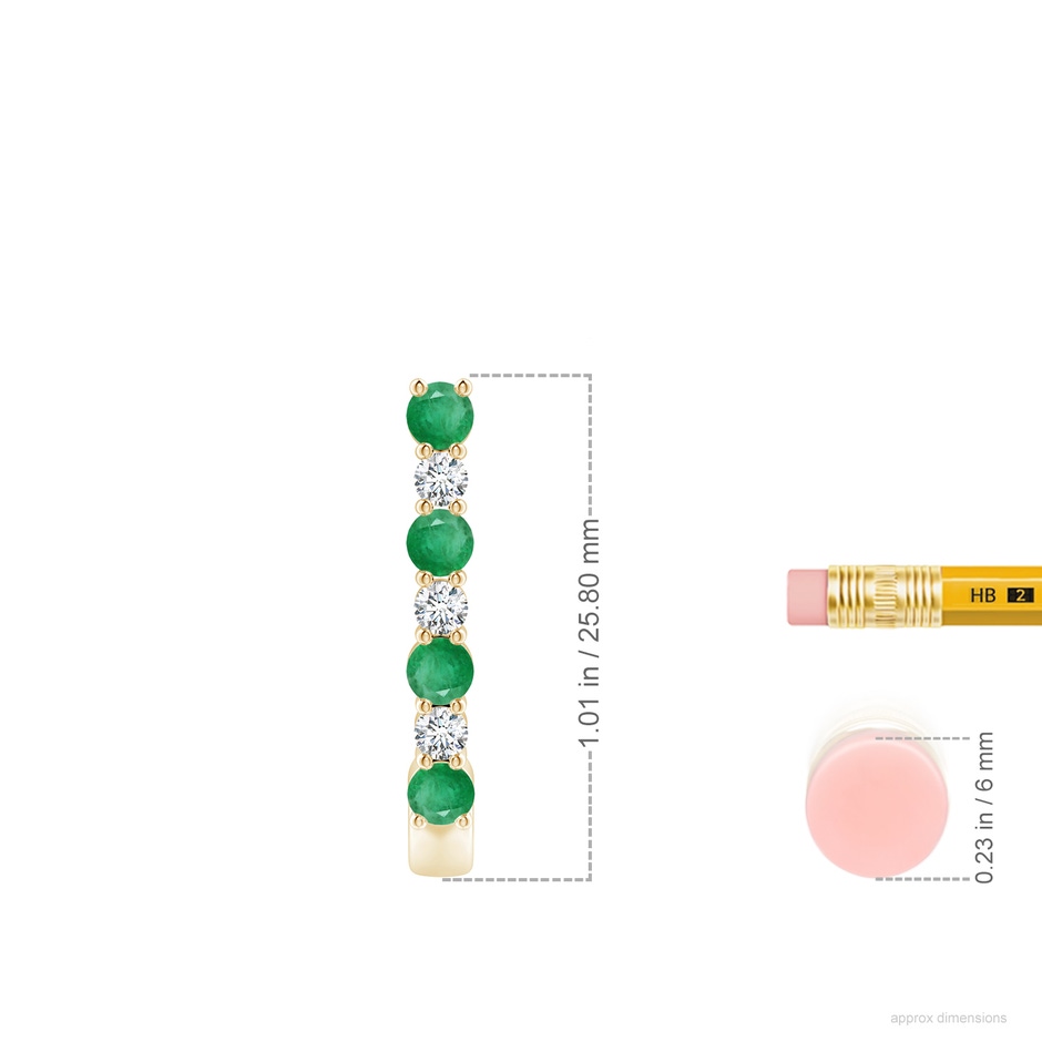 3mm A Emerald and Diamond J-Hoop Earrings in Yellow Gold ruler