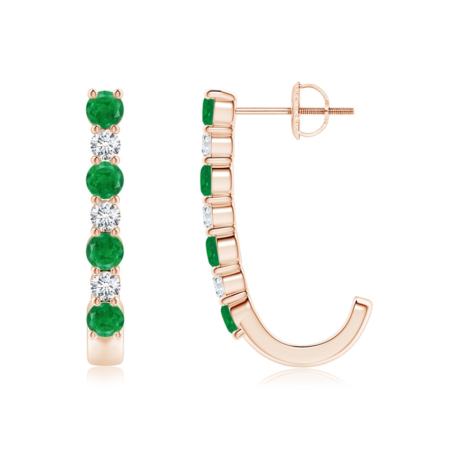 3mm AA Emerald and Diamond J-Hoop Earrings in Rose Gold 