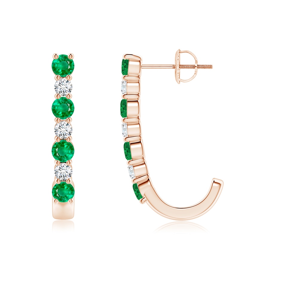 3mm AAA Emerald and Diamond J-Hoop Earrings in Rose Gold 