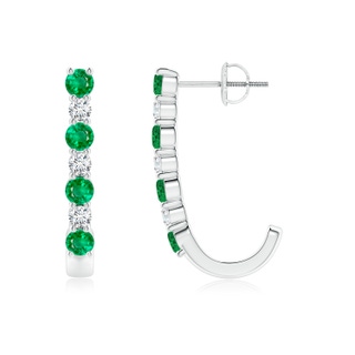 3mm AAA Emerald and Diamond J-Hoop Earrings in White Gold