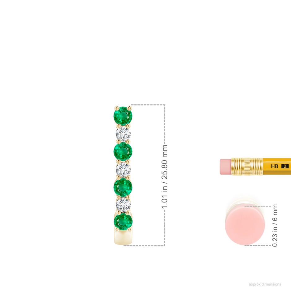 3mm AAA Emerald and Diamond J-Hoop Earrings in Yellow Gold ruler