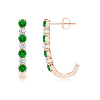 3mm AAAA Emerald and Diamond J-Hoop Earrings in Rose Gold