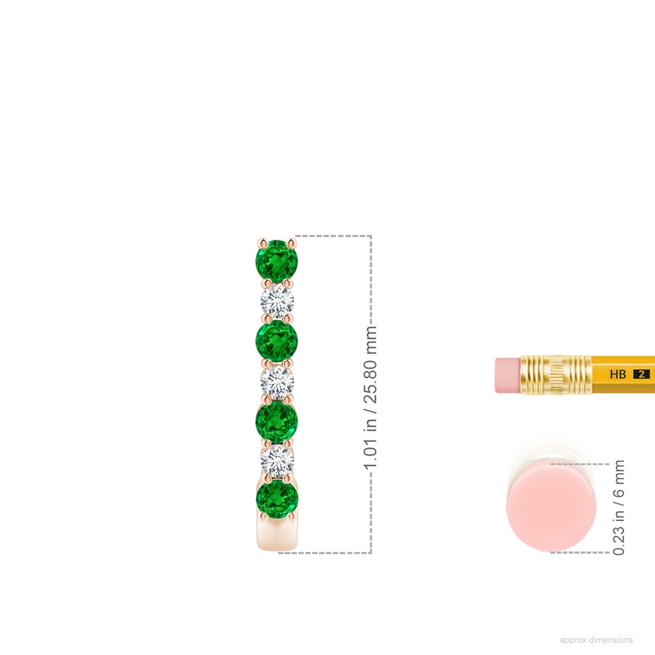 3mm AAAA Emerald and Diamond J-Hoop Earrings in Rose Gold ruler