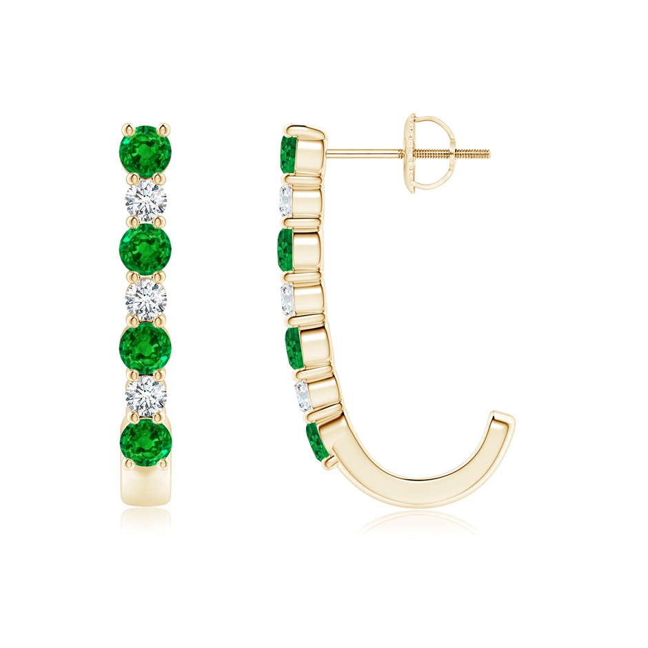 3mm AAAA Emerald and Diamond J-Hoop Earrings in Yellow Gold 