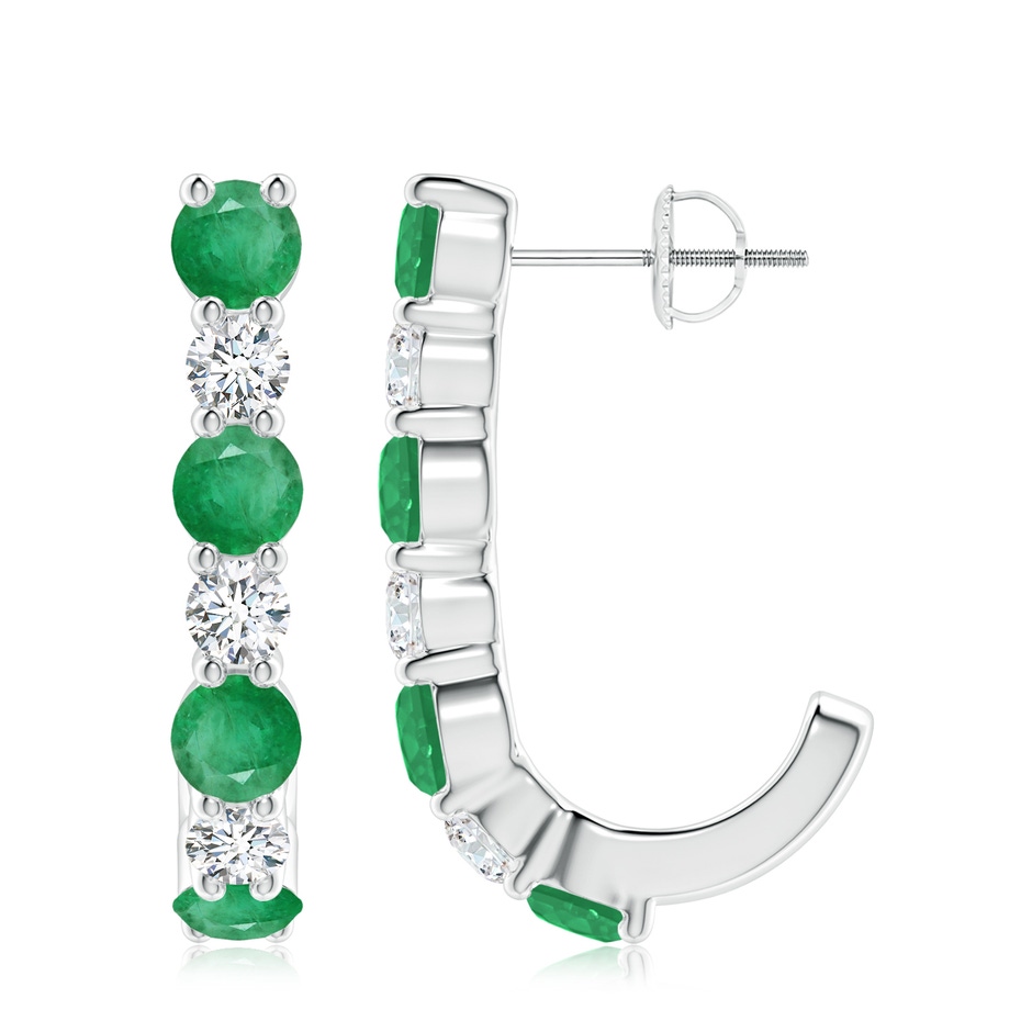 4mm A Emerald and Diamond J-Hoop Earrings in 18K White Gold 