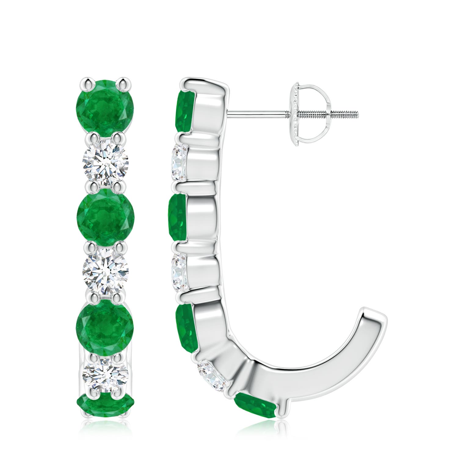 4mm AA Emerald and Diamond J-Hoop Earrings in P950 Platinum
