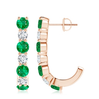 4mm AAA Emerald and Diamond J-Hoop Earrings in 9K Rose Gold