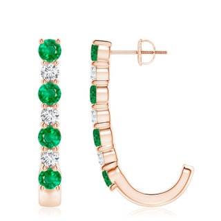 4mm AAA Emerald and Diamond J-Hoop Earrings in Rose Gold