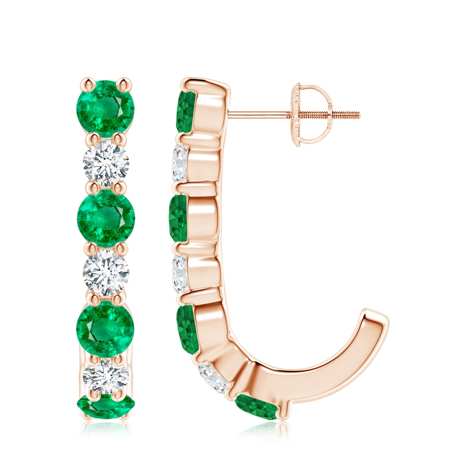 4mm AAA Emerald and Diamond J-Hoop Earrings in Rose Gold 