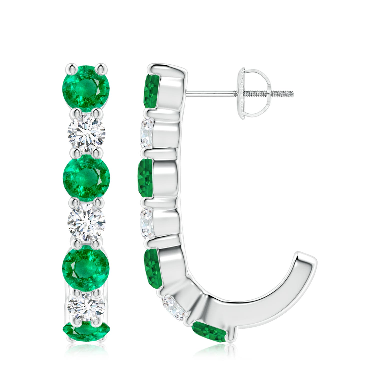 4mm AAA Emerald and Diamond J-Hoop Earrings in White Gold