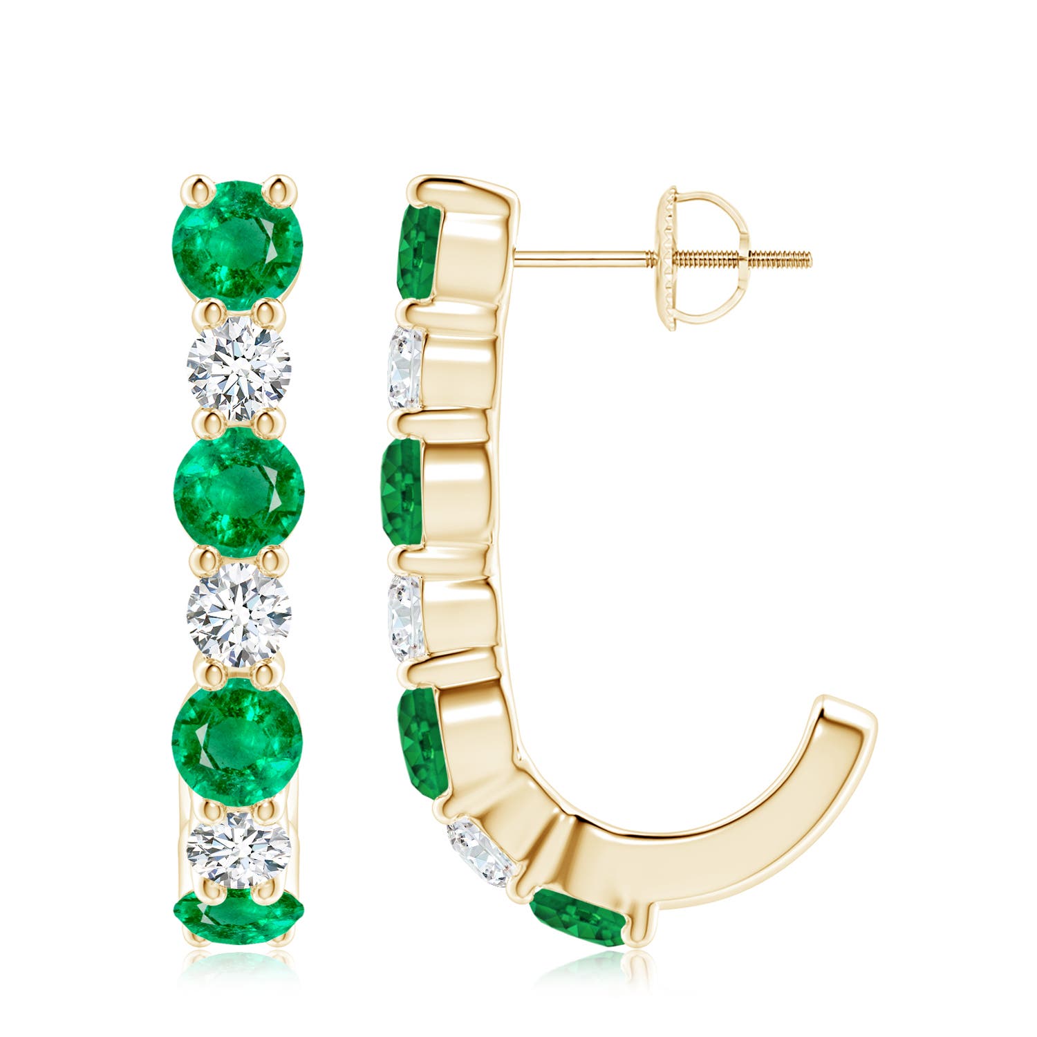 4mm AAA Emerald and Diamond J-Hoop Earrings in Yellow Gold
