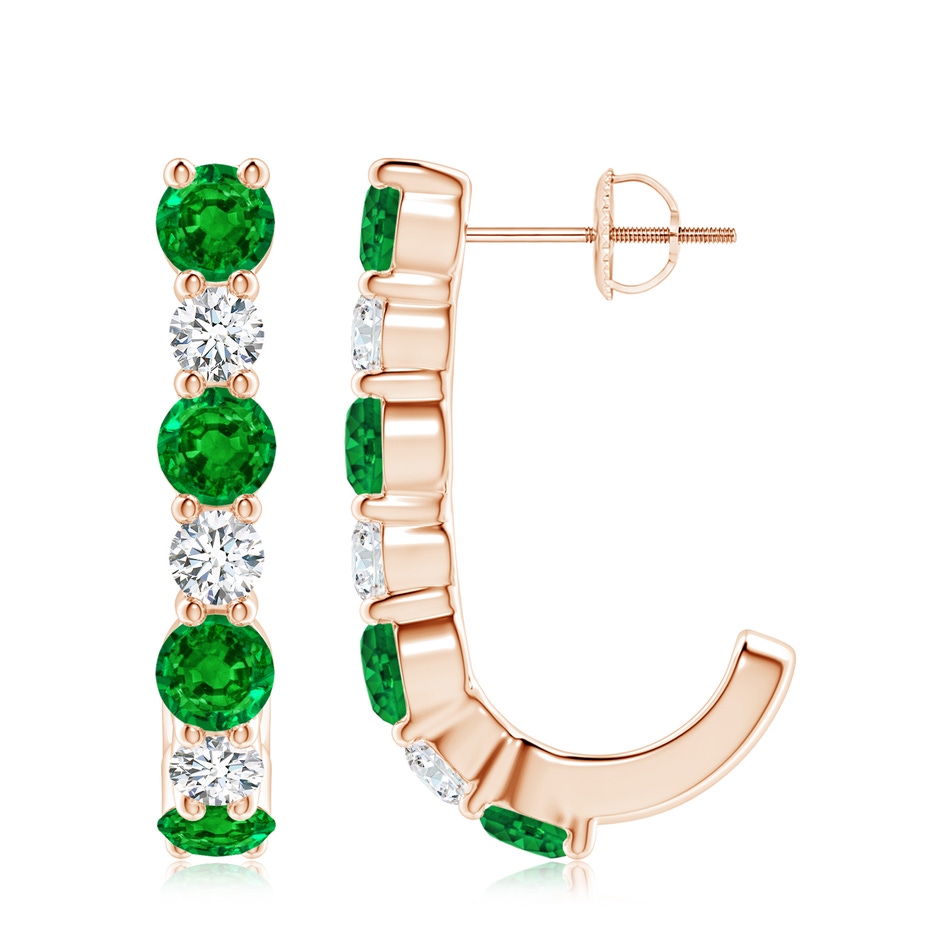 4mm AAAA Emerald and Diamond J-Hoop Earrings in 18K Rose Gold 