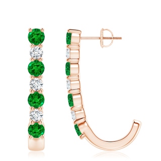 4mm AAAA Emerald and Diamond J-Hoop Earrings in 9K Rose Gold