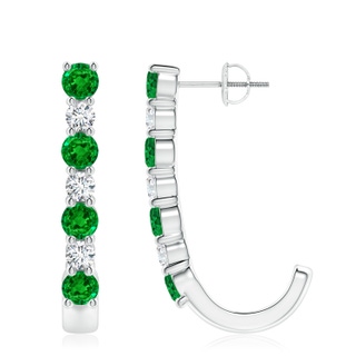 4mm AAAA Emerald and Diamond J-Hoop Earrings in P950 Platinum