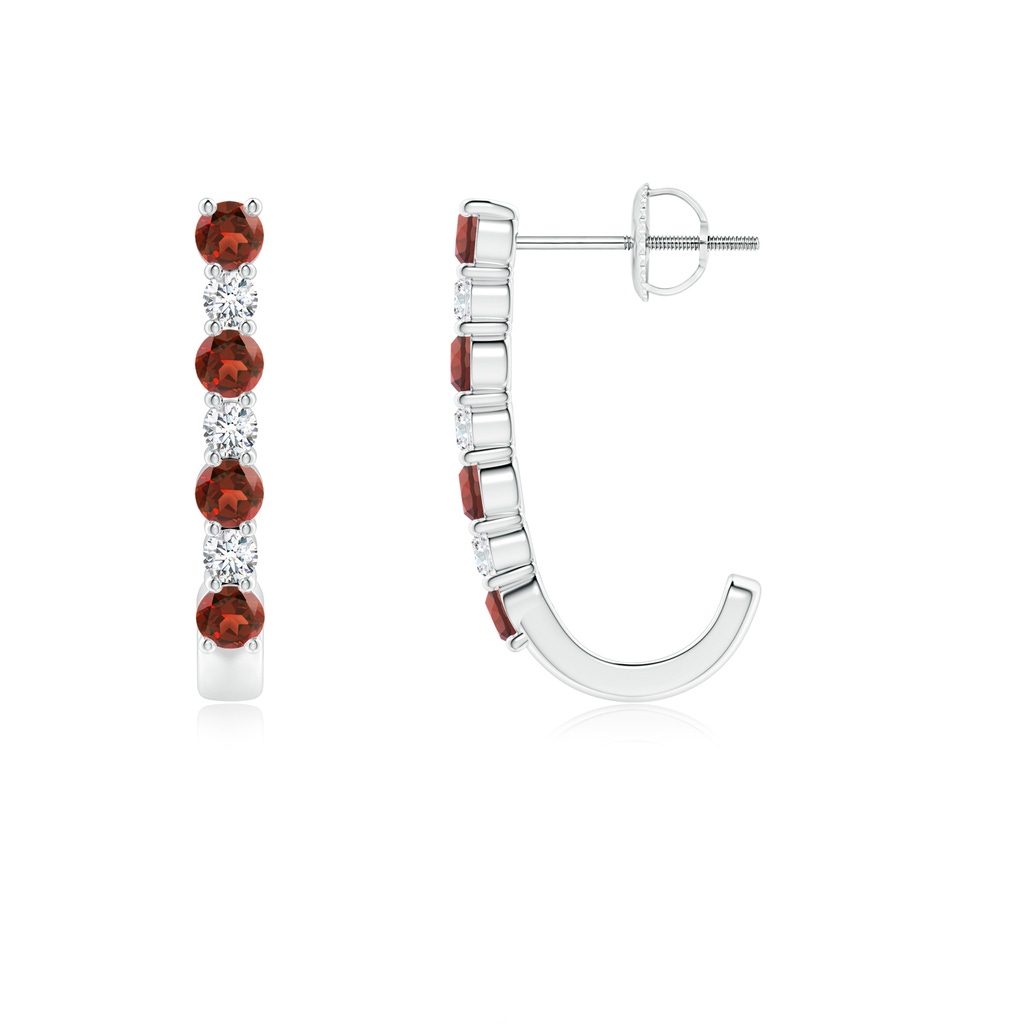 2.5mm AAA Garnet and Diamond J-Hoop Earrings in White Gold