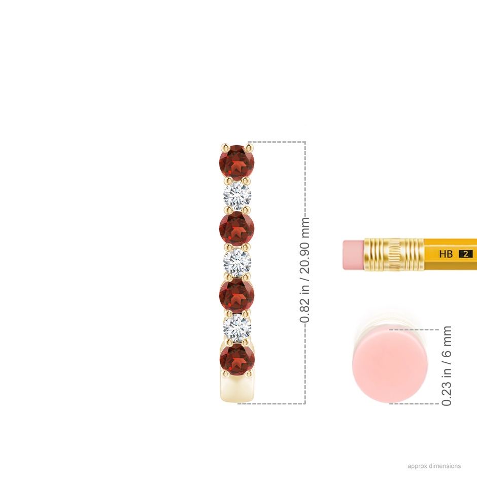 2.5mm AAA Garnet and Diamond J-Hoop Earrings in Yellow Gold ruler