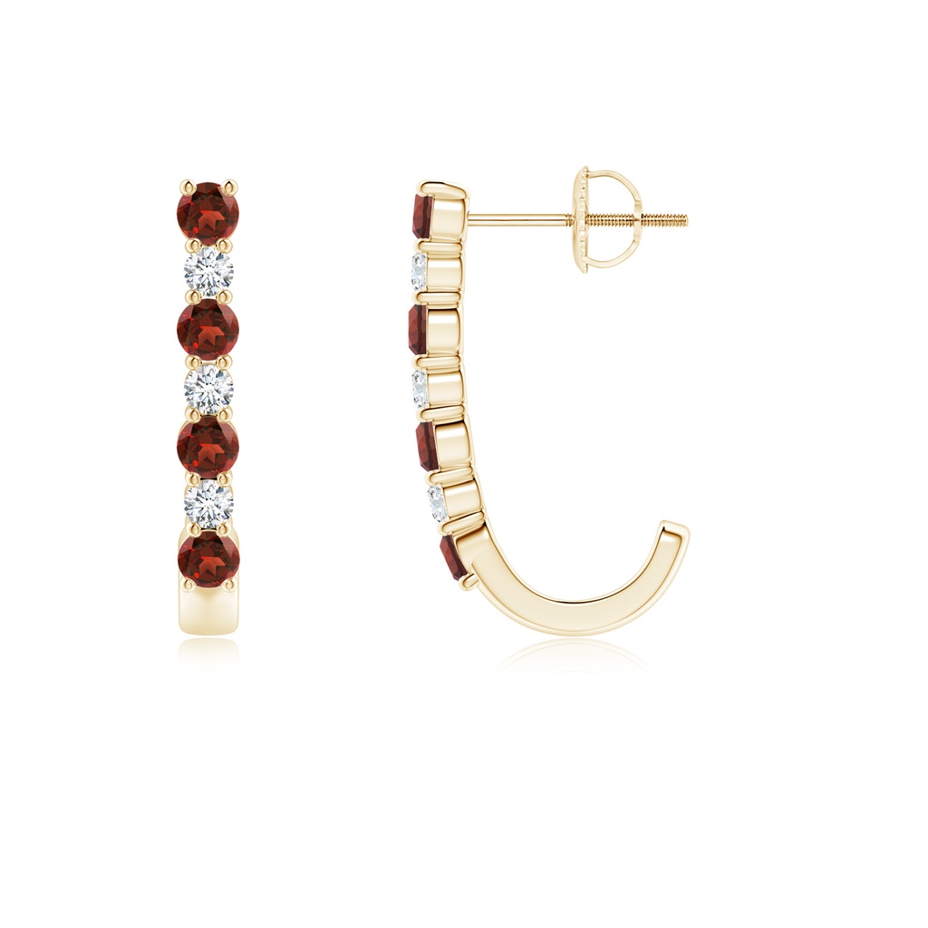 2.5mm AAAA Garnet and Diamond J-Hoop Earrings in Yellow Gold