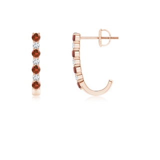 2mm AA Garnet and Diamond J-Hoop Earrings in 9K Rose Gold