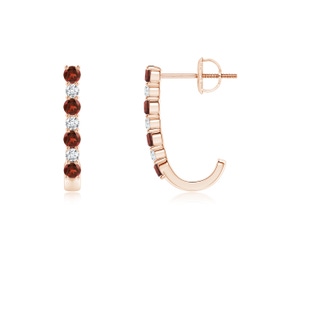 2mm AAAA Garnet and Diamond J-Hoop Earrings in Rose Gold