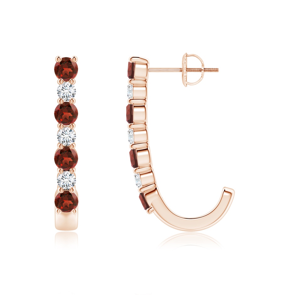 3mm AAAA Garnet and Diamond J-Hoop Earrings in Rose Gold 