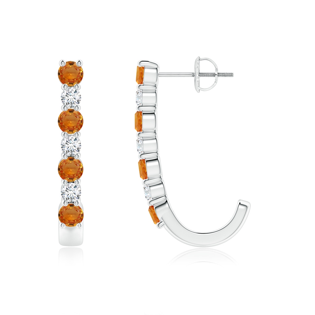 3mm AAA Orange Sapphire and Diamond J-Hoop Earrings in White Gold 