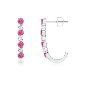 2.5mm AAA Pink Sapphire and Diamond J-Hoop Earrings in White Gold