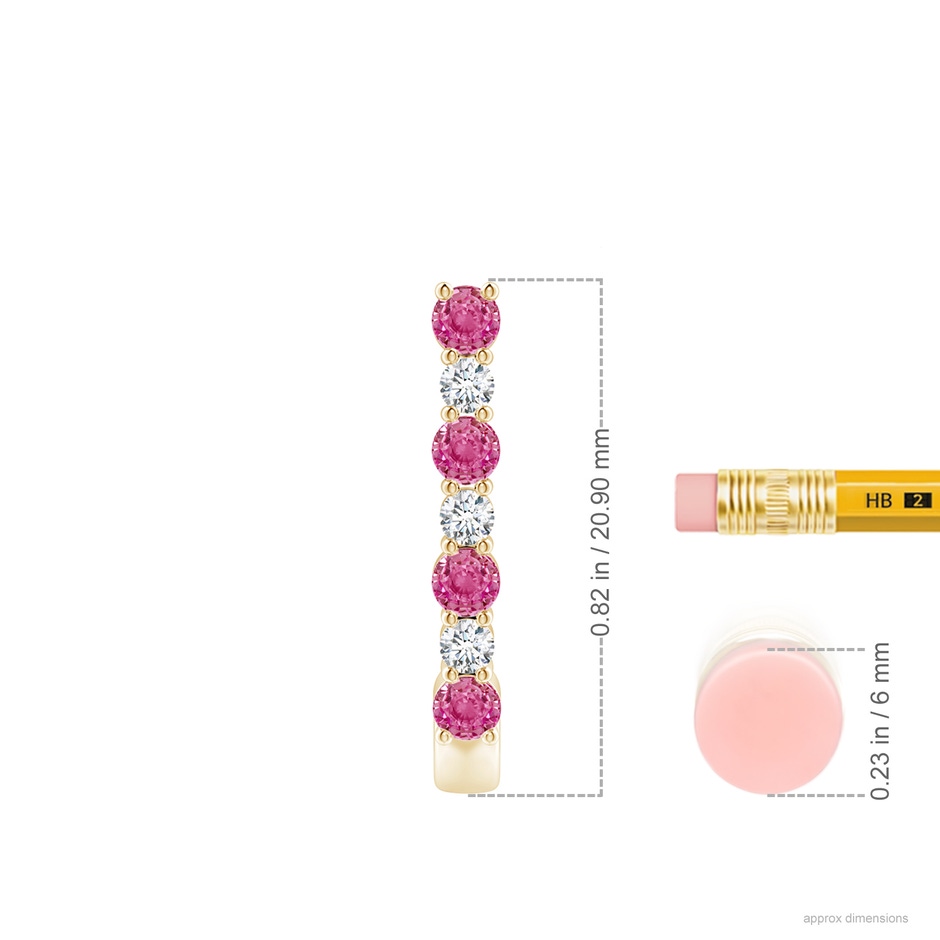 2.5mm AAA Pink Sapphire and Diamond J-Hoop Earrings in Yellow Gold ruler