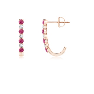 2mm AAAA Pink Sapphire and Diamond J-Hoop Earrings in 9K Rose Gold