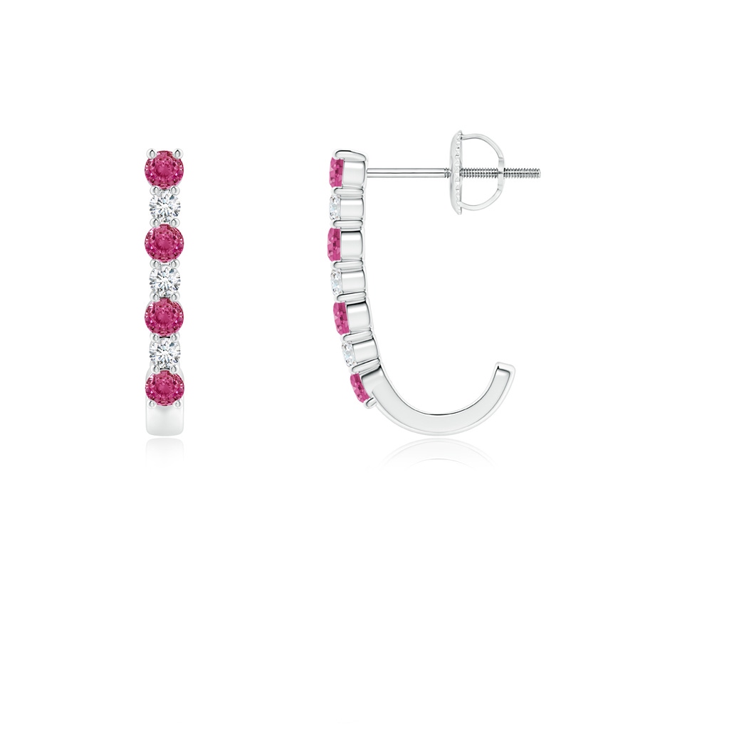 2mm AAAA Pink Sapphire and Diamond J-Hoop Earrings in White Gold