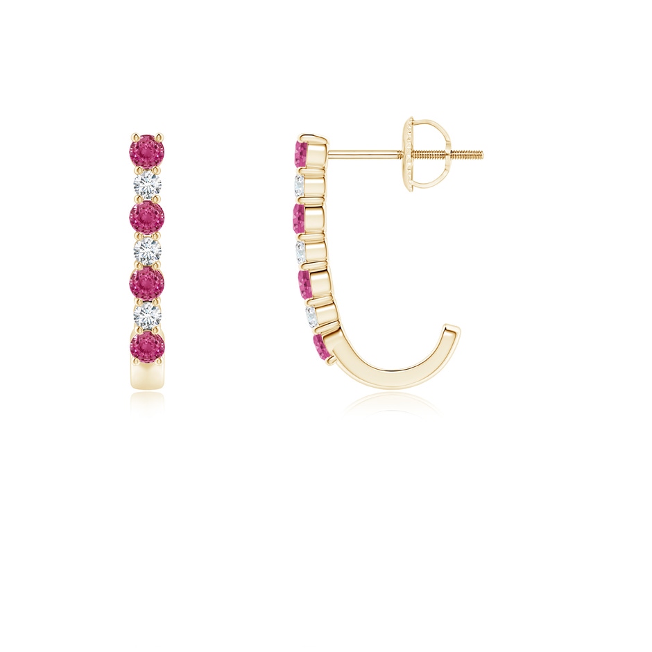 2mm AAAA Pink Sapphire and Diamond J-Hoop Earrings in Yellow Gold 