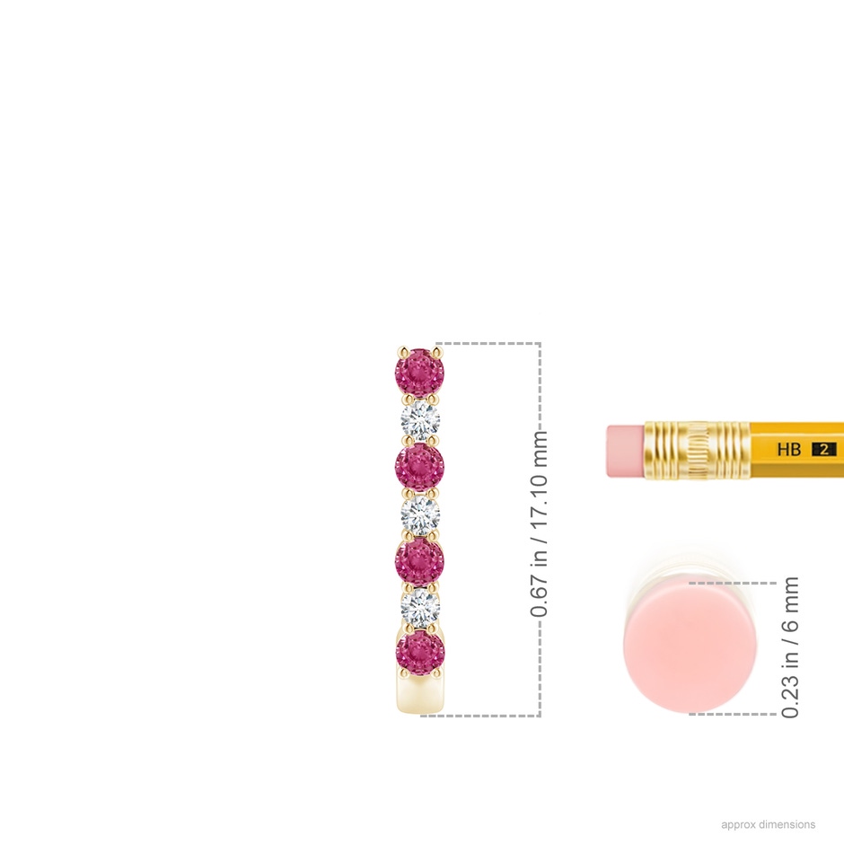 2mm AAAA Pink Sapphire and Diamond J-Hoop Earrings in Yellow Gold ruler