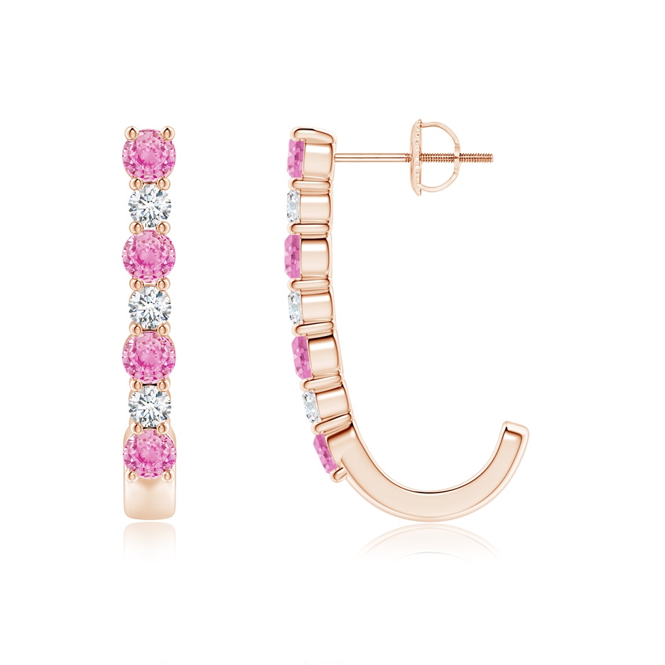 3mm A Pink Sapphire and Diamond J-Hoop Earrings in Rose Gold 