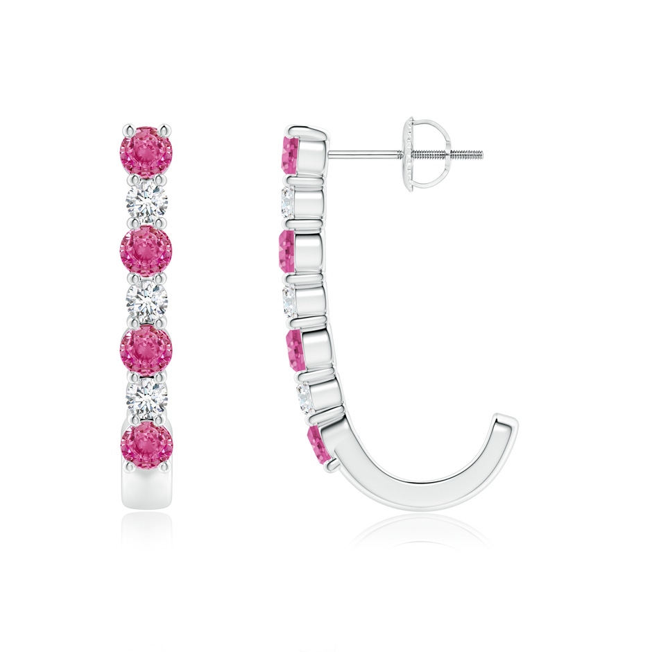 3mm AAA Pink Sapphire and Diamond J-Hoop Earrings in White Gold 