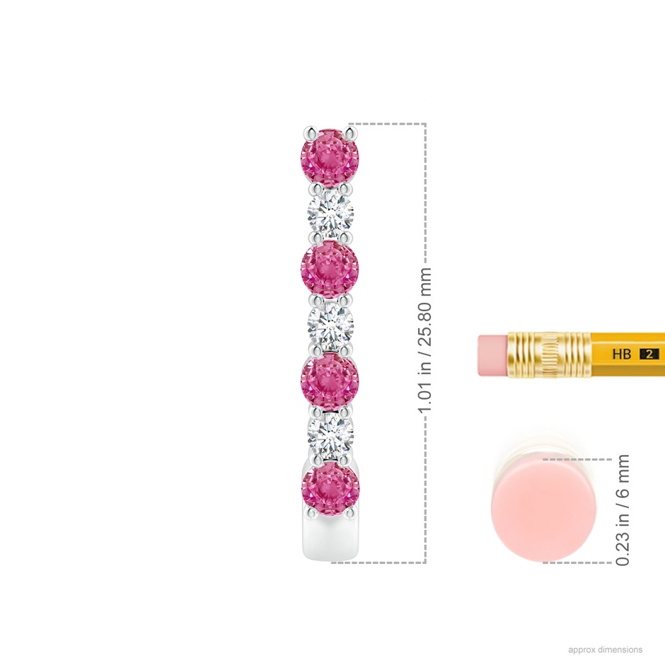 3mm AAA Pink Sapphire and Diamond J-Hoop Earrings in White Gold ruler