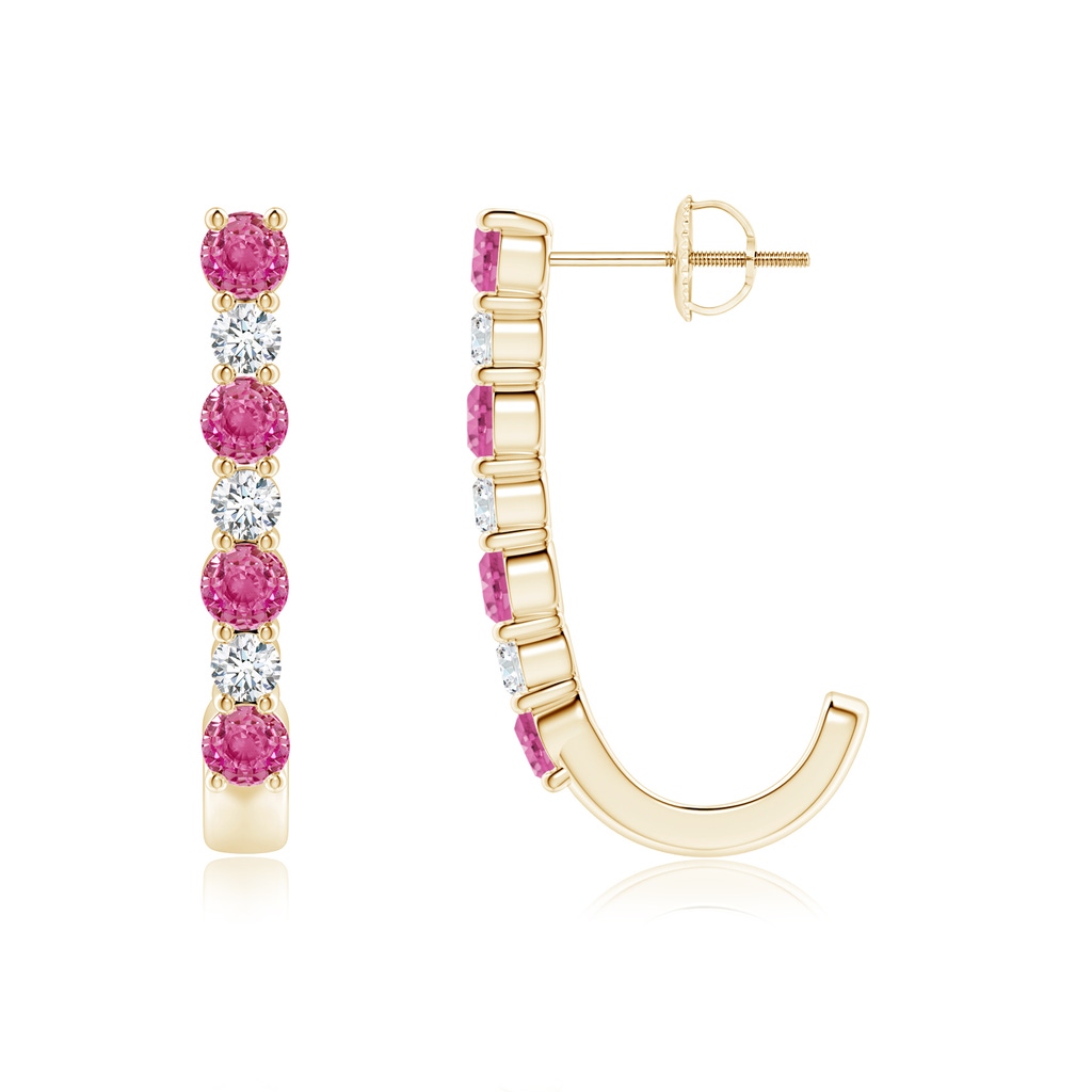 3mm AAA Pink Sapphire and Diamond J-Hoop Earrings in Yellow Gold