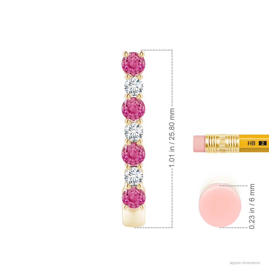 3mm AAA Pink Sapphire and Diamond J-Hoop Earrings in Yellow Gold ruler