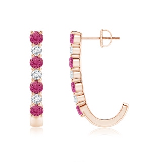 3mm AAAA Pink Sapphire and Diamond J-Hoop Earrings in Rose Gold