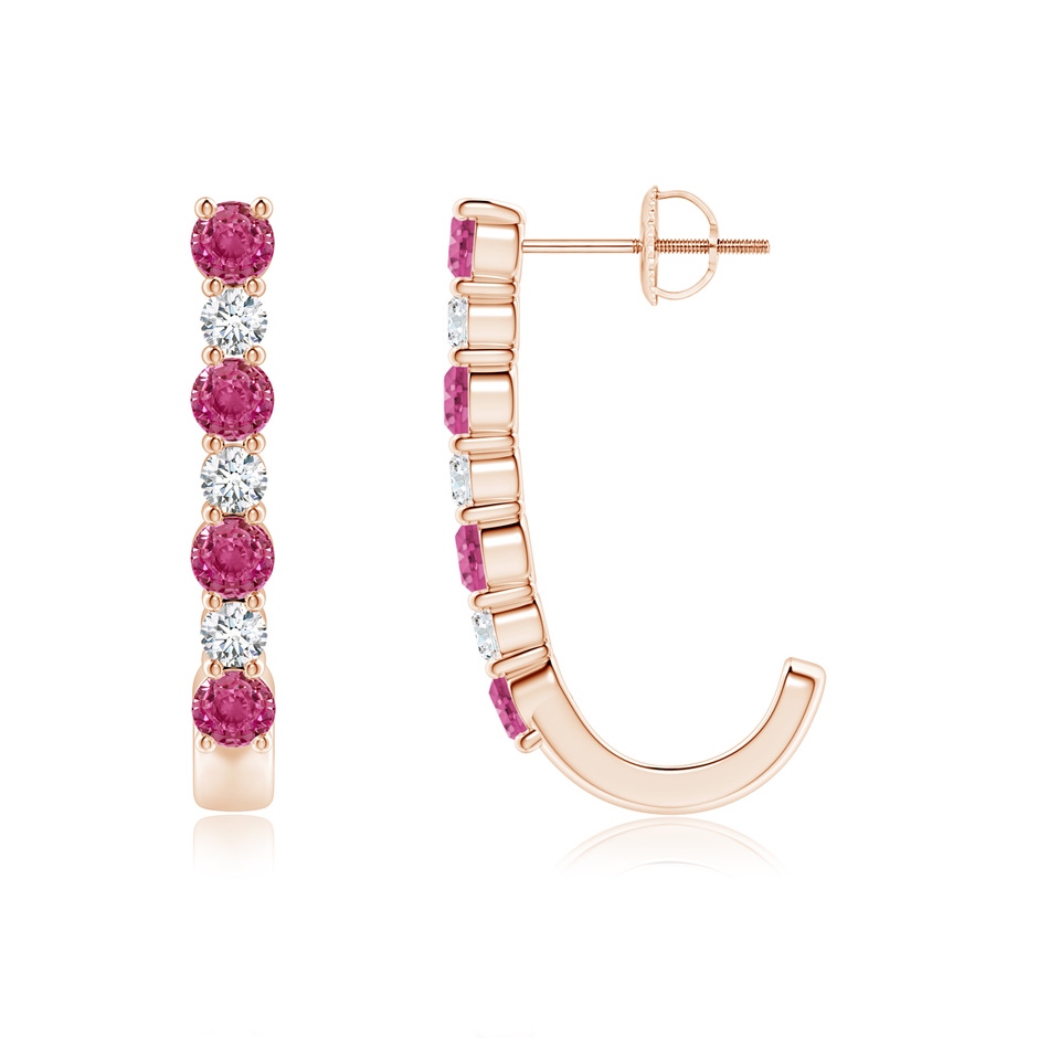 3mm AAAA Pink Sapphire and Diamond J-Hoop Earrings in Rose Gold 