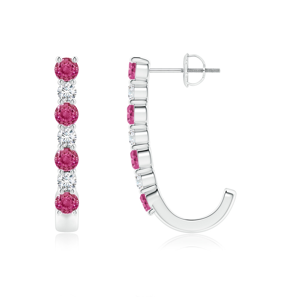 3mm AAAA Pink Sapphire and Diamond J-Hoop Earrings in White Gold