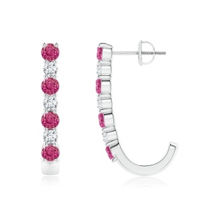 3mm AAAA Pink Sapphire and Diamond J-Hoop Earrings in White Gold