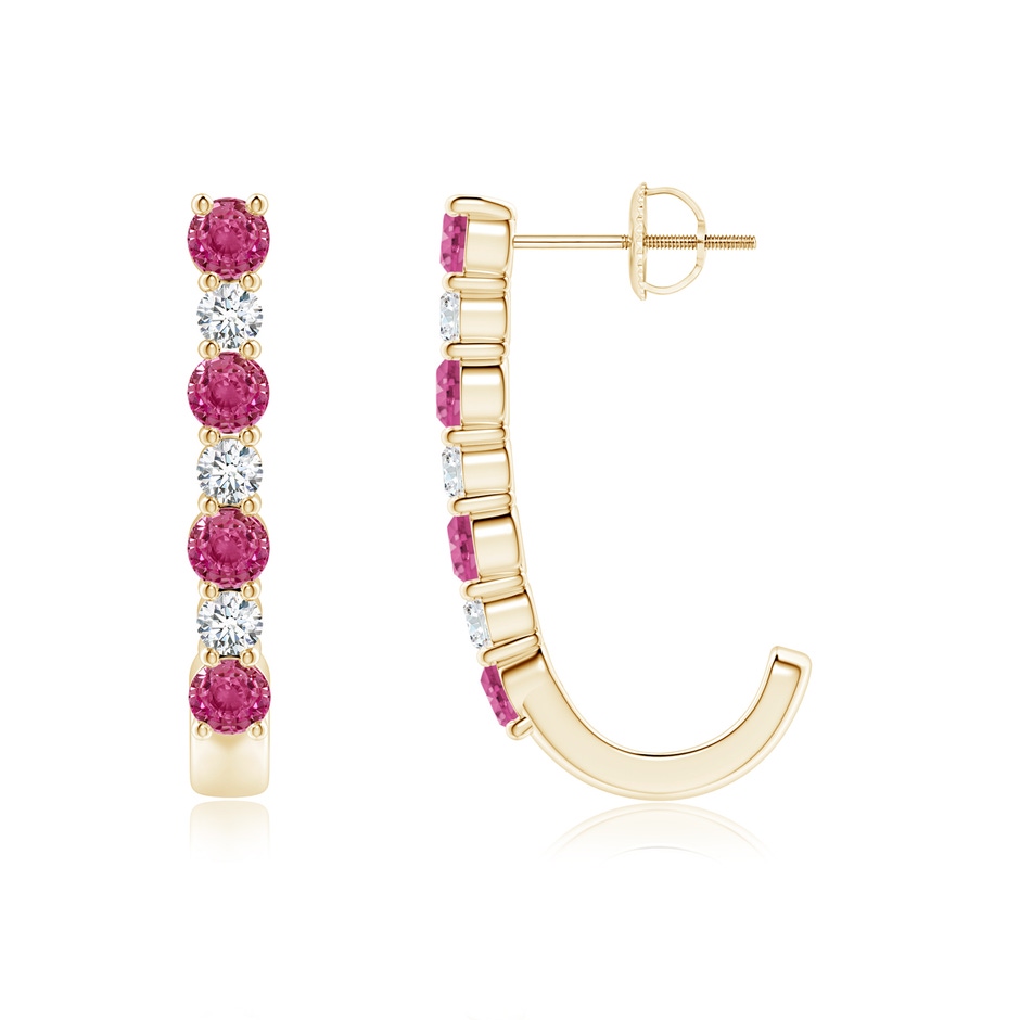 3mm AAAA Pink Sapphire and Diamond J-Hoop Earrings in Yellow Gold 
