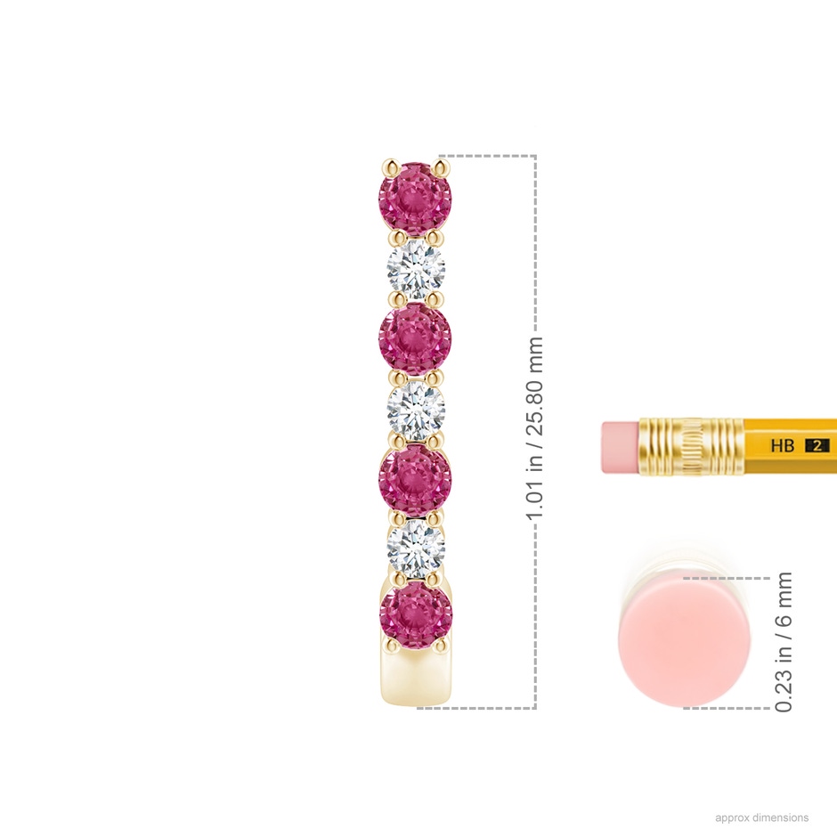 3mm AAAA Pink Sapphire and Diamond J-Hoop Earrings in Yellow Gold ruler