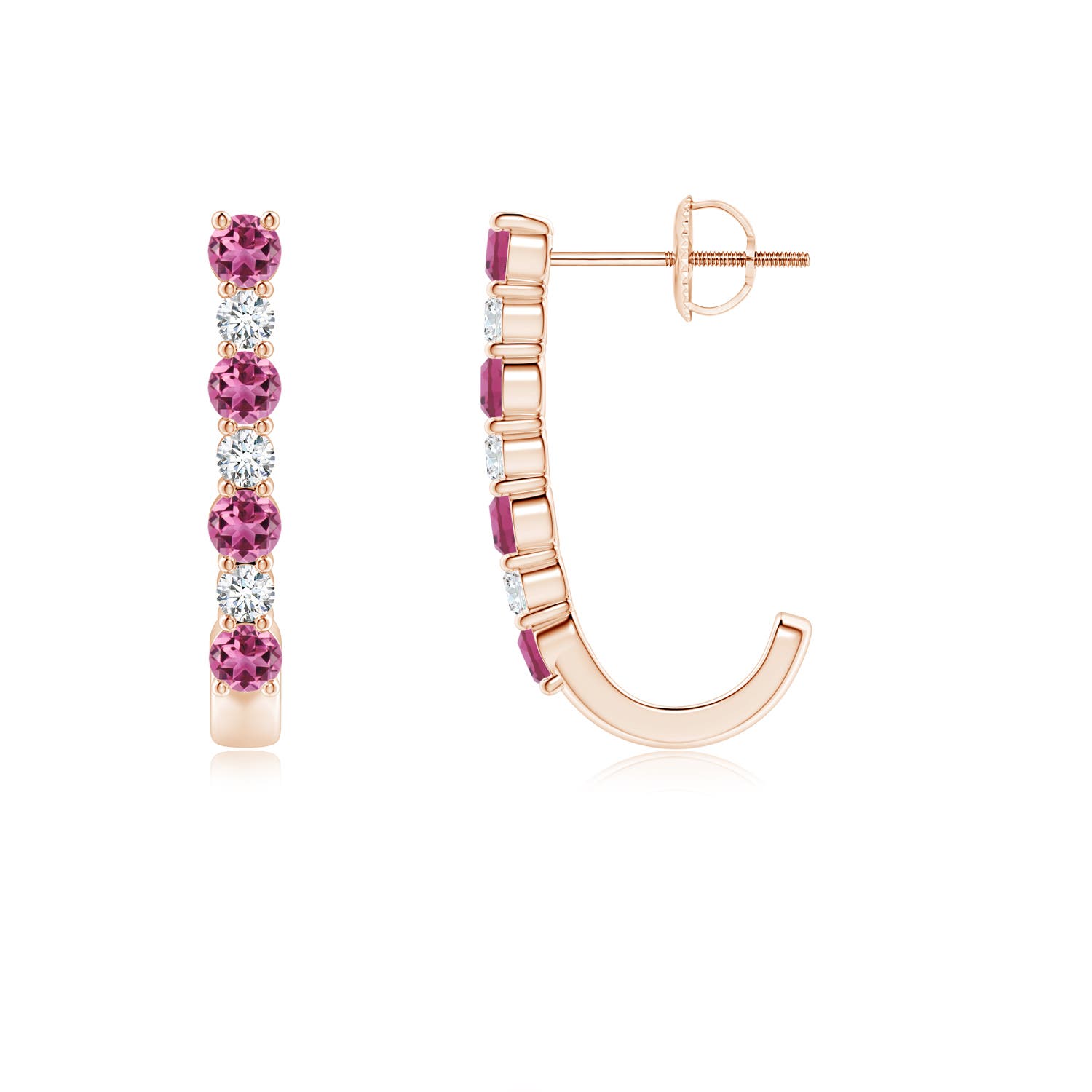 2.5mm AAAA Pink Tourmaline and Diamond J-Hoop Earrings in Rose Gold