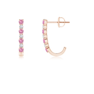 2mm AA Pink Tourmaline and Diamond J-Hoop Earrings in Rose Gold